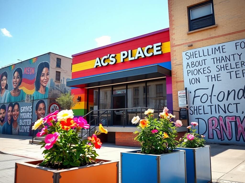 Flick International Exterior of Ace’s Place, the first government-funded transgender homeless shelter in NYC, featuring bold rainbow colors and an inviting atmosphere.