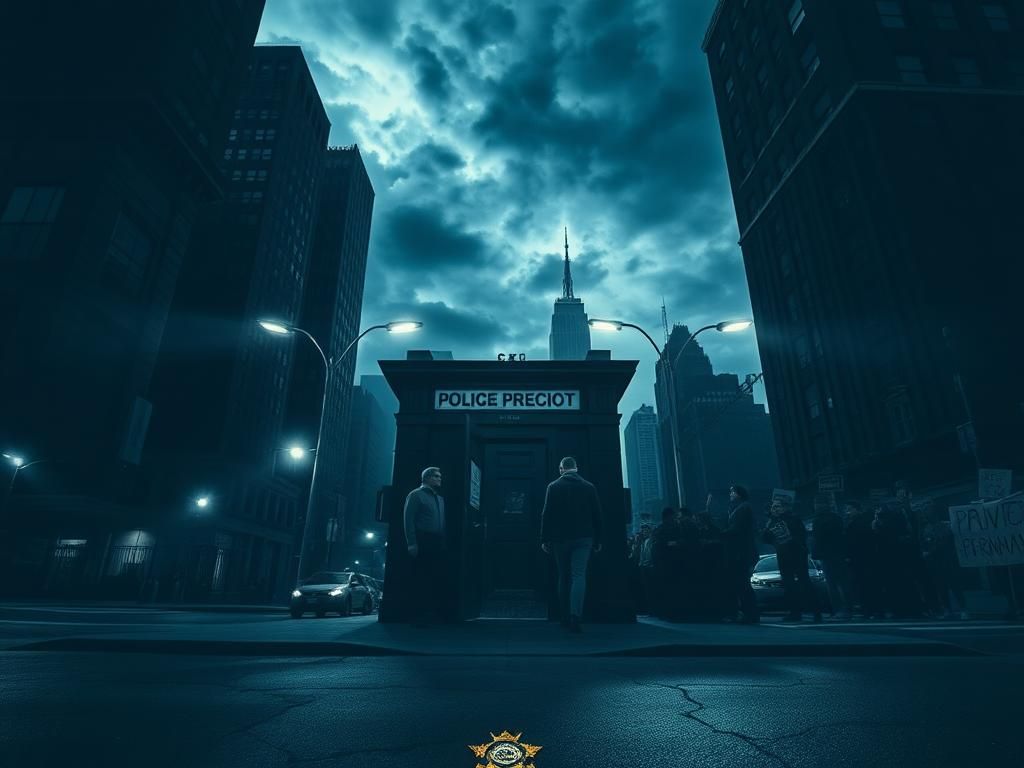 Flick International Dramatic urban scene in New York depicting a police precinct amidst tension