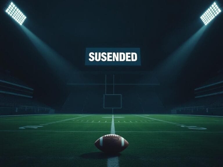 Flick International A dimly lit NFL stadium at night with a single football on the field, signifying Tracy Walker's 12-game suspension.