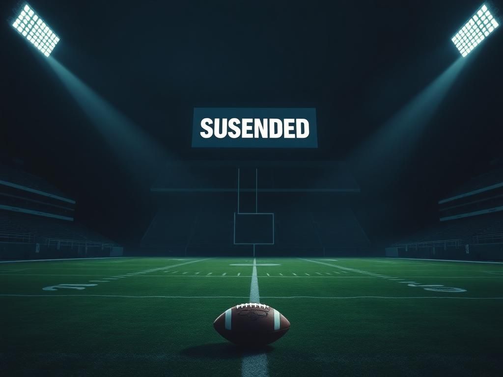 Flick International A dimly lit NFL stadium at night with a single football on the field, signifying Tracy Walker's 12-game suspension.