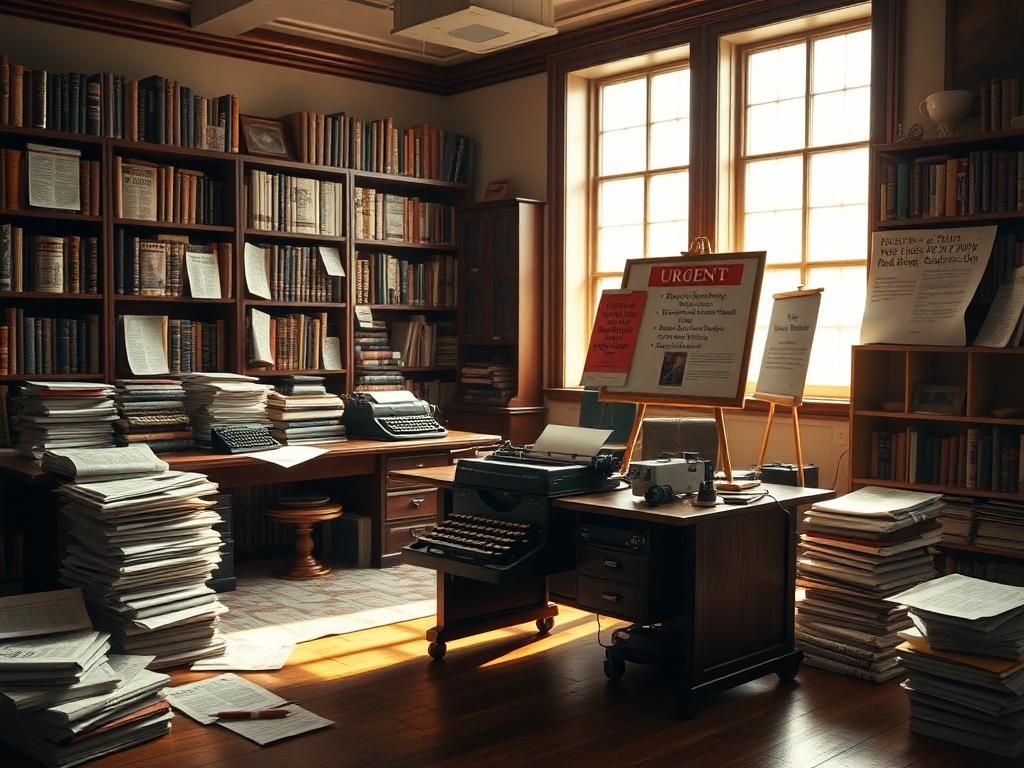 Flick International Classic newspaper office with typewriters and stacks of printed pages