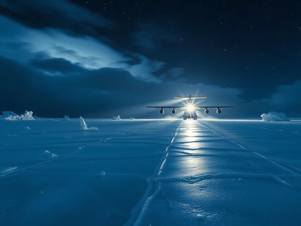 Flick International A dramatic icy landscape in Antarctica featuring an ice runway and military aircraft