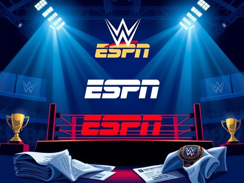 Flick International Illustration of a wrestling ring under bright spotlighting symbolizing live wrestling events with ESPN and WWE logos in the background