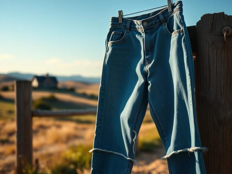 Flick International A pair of well-worn blue jeans hanging on a rustic wooden fence under a clear blue sky.