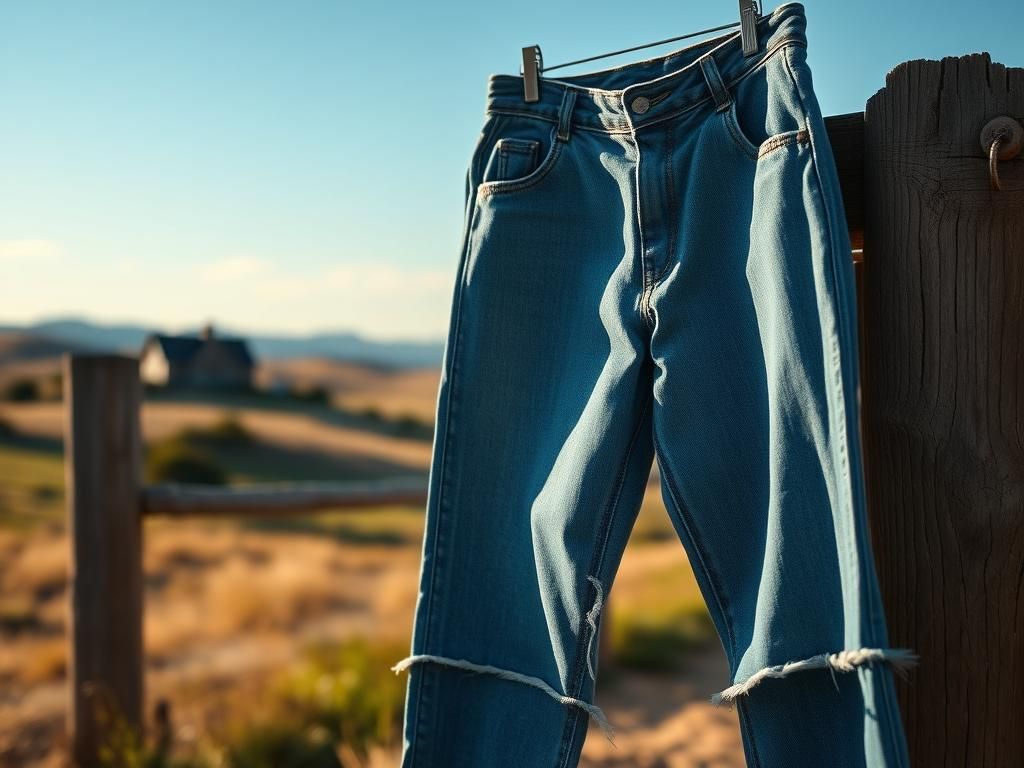 Flick International A pair of well-worn blue jeans hanging on a rustic wooden fence under a clear blue sky.
