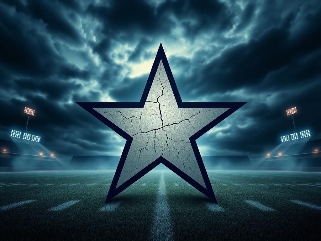 Flick International A cracked Dallas Cowboys logo on a football field surrounded by storm clouds symbolizing Micah Parsons' trade request.