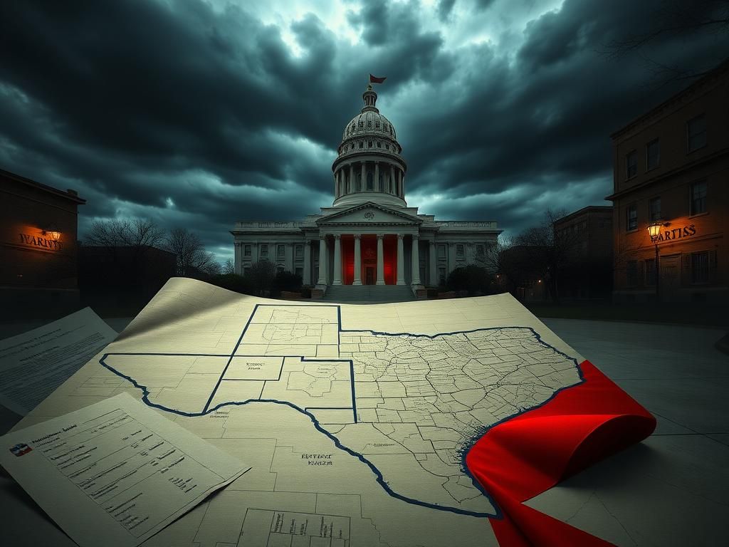 Flick International Dramatic view of the Texas State Capitol under an ominous sky with redistricting maps scattered on the ground
