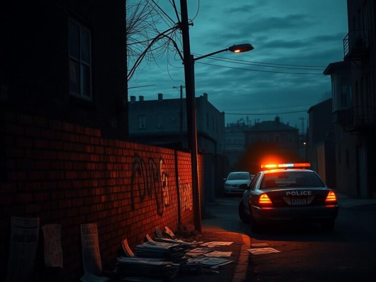 Flick International Silhouette of a police car with flashing lights in a dimly lit urban street with graffiti walls