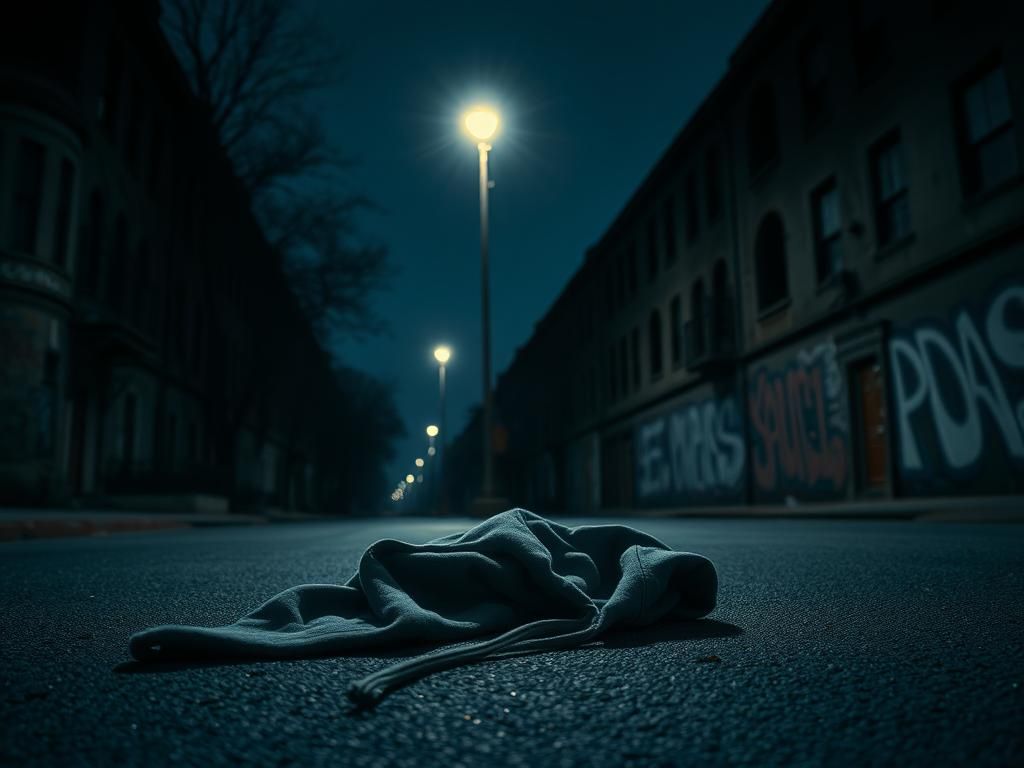 Flick International Dark street scene in Washington, D.C. with abandoned buildings and a crumpled youth hoodie on the pavement