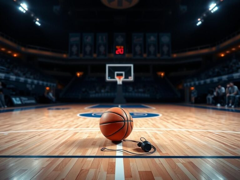 Flick International Dramatic basketball court scene at dusk with a lone basketball focused in the spotlight