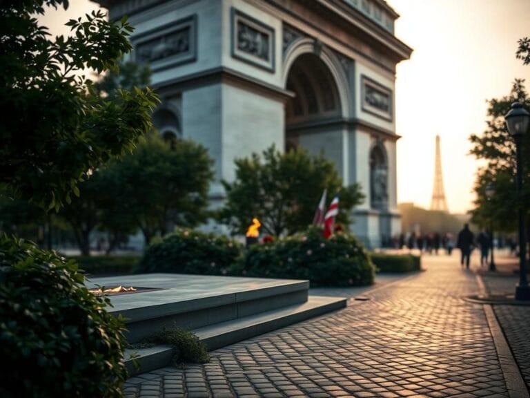 Flick International Serene view of the Arc de Triomphe in Paris at dawn, with the flame of the Tomb of the Unknown Soldier visible in the foreground