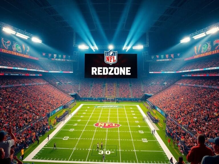 Flick International A vibrant NFL stadium under bright lights filled with cheering fans showcasing the NFL RedZone logo