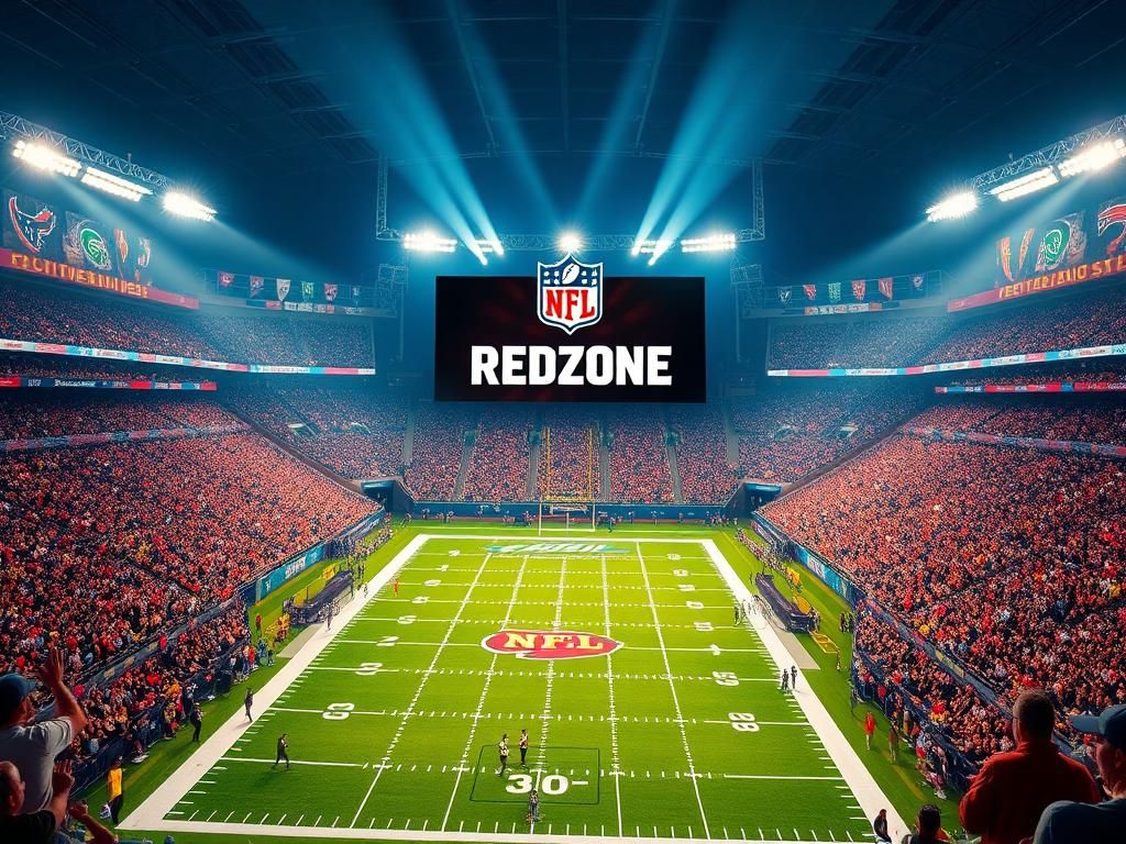 Flick International A vibrant NFL stadium under bright lights filled with cheering fans showcasing the NFL RedZone logo
