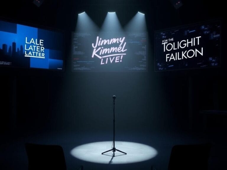 Flick International Darkened television studio with an empty stage and spotlight on a microphone