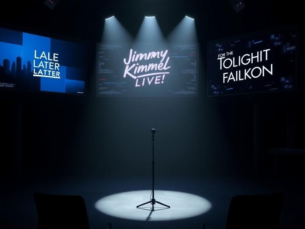 Flick International Darkened television studio with an empty stage and spotlight on a microphone