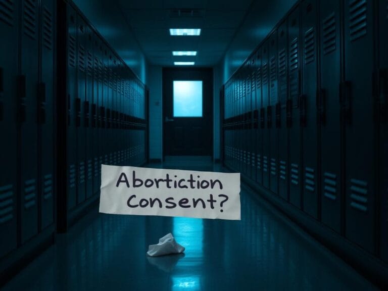 Flick International Dimly lit high school hallway with lockers, suggesting secrecy and tension surrounding abortion allegations.