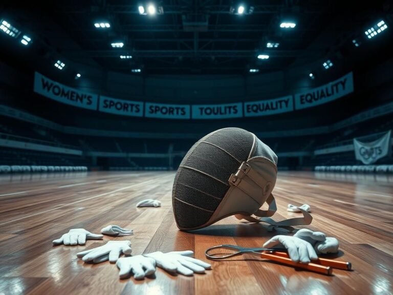 Flick International Ornate fencing mask on a polished floor surrounded by gloves and a foil in a symbolic arena.