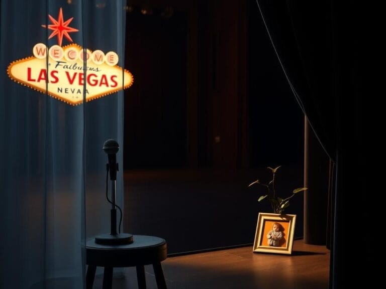 Flick International Empty Las Vegas theater stage with a microphone on a stool symbolizing postponed performances.