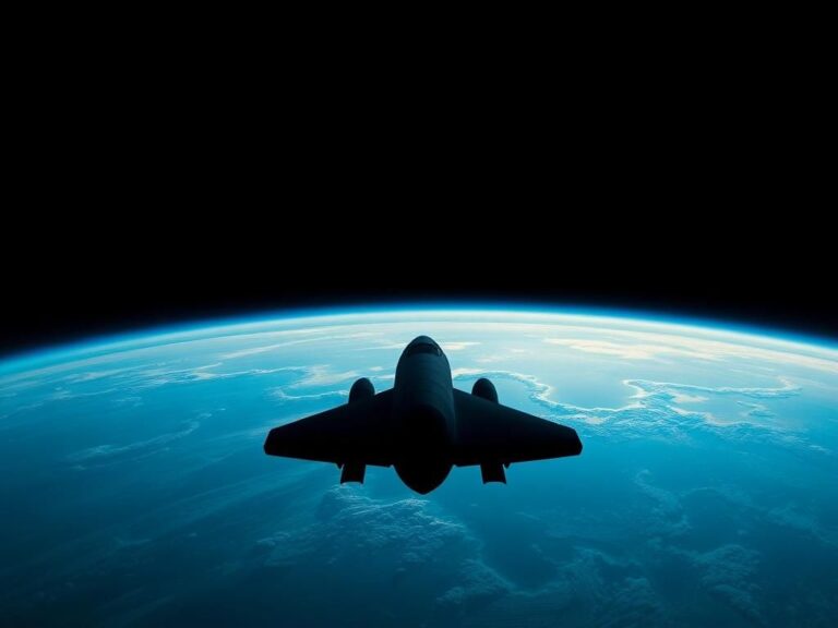 Flick International A silhouette of a spacecraft against a vibrant Earth view from space