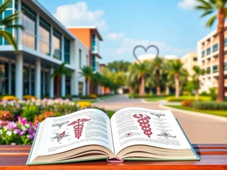 Flick International Tranquil university campus at Florida Polytechnic University featuring modern architecture and a bench with a book illustrating medical symbols.