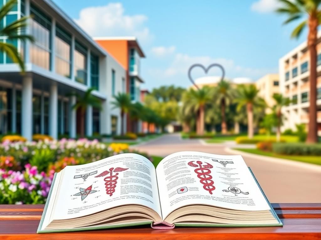 Flick International Tranquil university campus at Florida Polytechnic University featuring modern architecture and a bench with a book illustrating medical symbols.