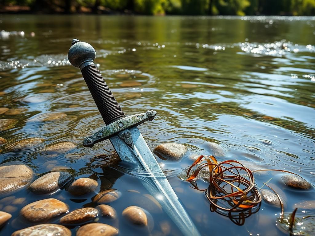 Flick International A weathered medieval sword partially submerged in the Vistula River, showcasing its intricate hilt and spherical pommel.