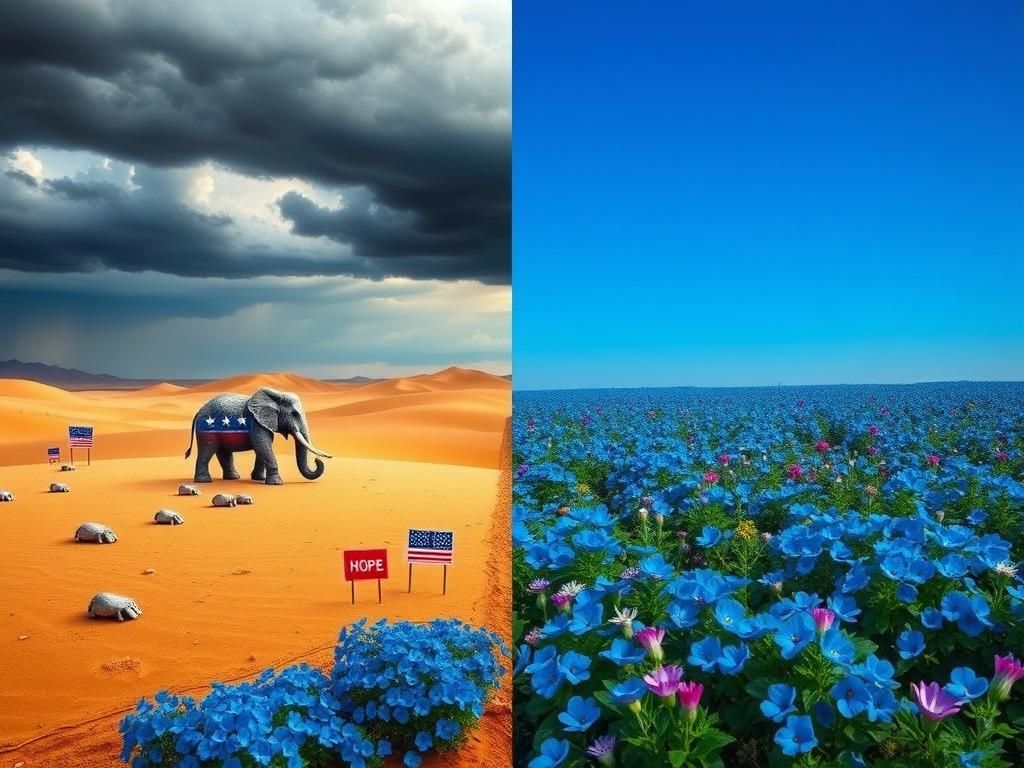 Flick International A split image depicting a barren desert representing the GOP and a vibrant garden symbolizing the Democratic Party's hope and unity.