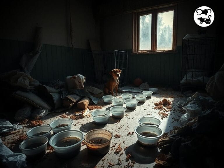 Flick International Cluttered interior of a neglected home with emaciated dogs and debris