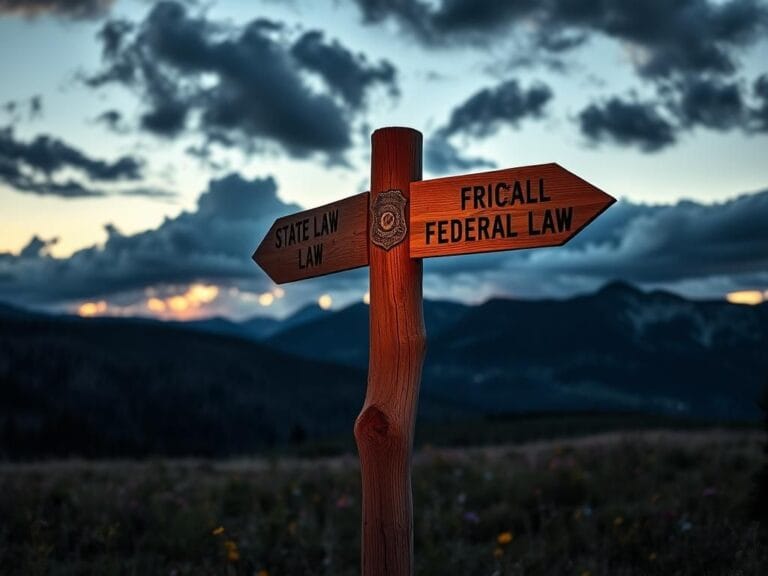 Flick International Dramatic twilight scene of Colorado mountains with a weathered signpost indicating tension between state and federal law