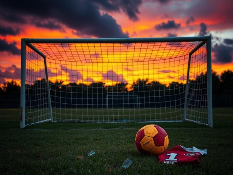Flick International Abandoned soccer field with a red and yellow soccer ball symbolizing chaos after violence