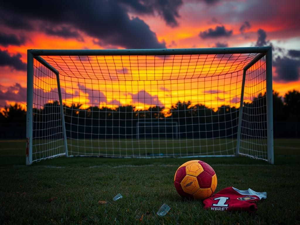 Flick International Abandoned soccer field with a red and yellow soccer ball symbolizing chaos after violence