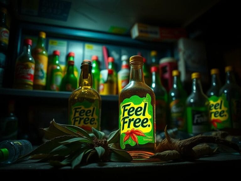 Flick International Cluttered gas station shelf showcasing 'Feel Free' supplement bottles among kratom leaves and kava roots