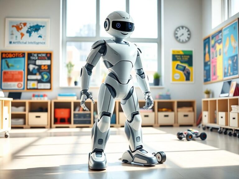 Flick International A sleek bipedal humanoid robot stands in a bright classroom surrounded by educational tools.