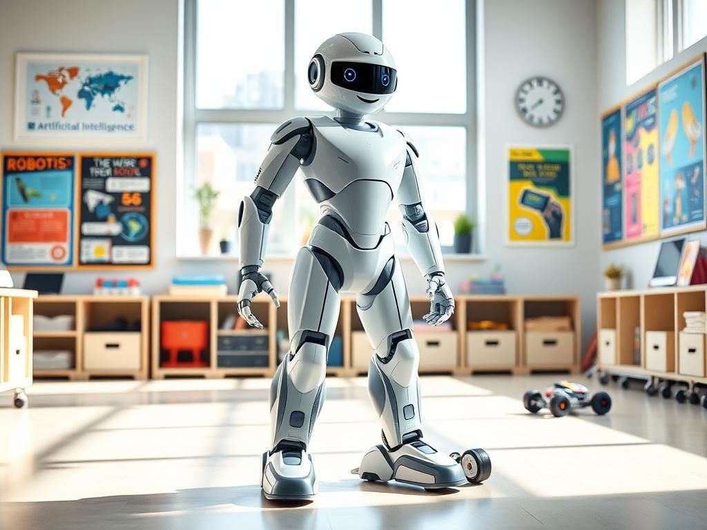 Flick International A sleek bipedal humanoid robot stands in a bright classroom surrounded by educational tools.