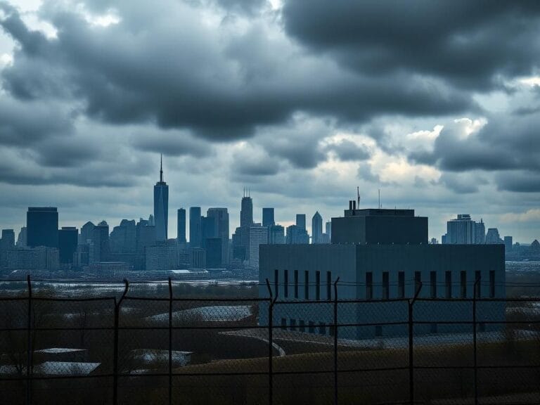 Flick International Urban landscape featuring a city skyline contrasted with a detention center surrounded by barbed wire