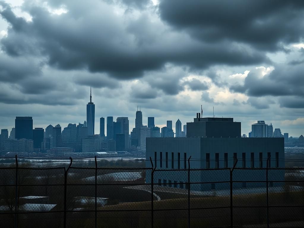 Flick International Urban landscape featuring a city skyline contrasted with a detention center surrounded by barbed wire
