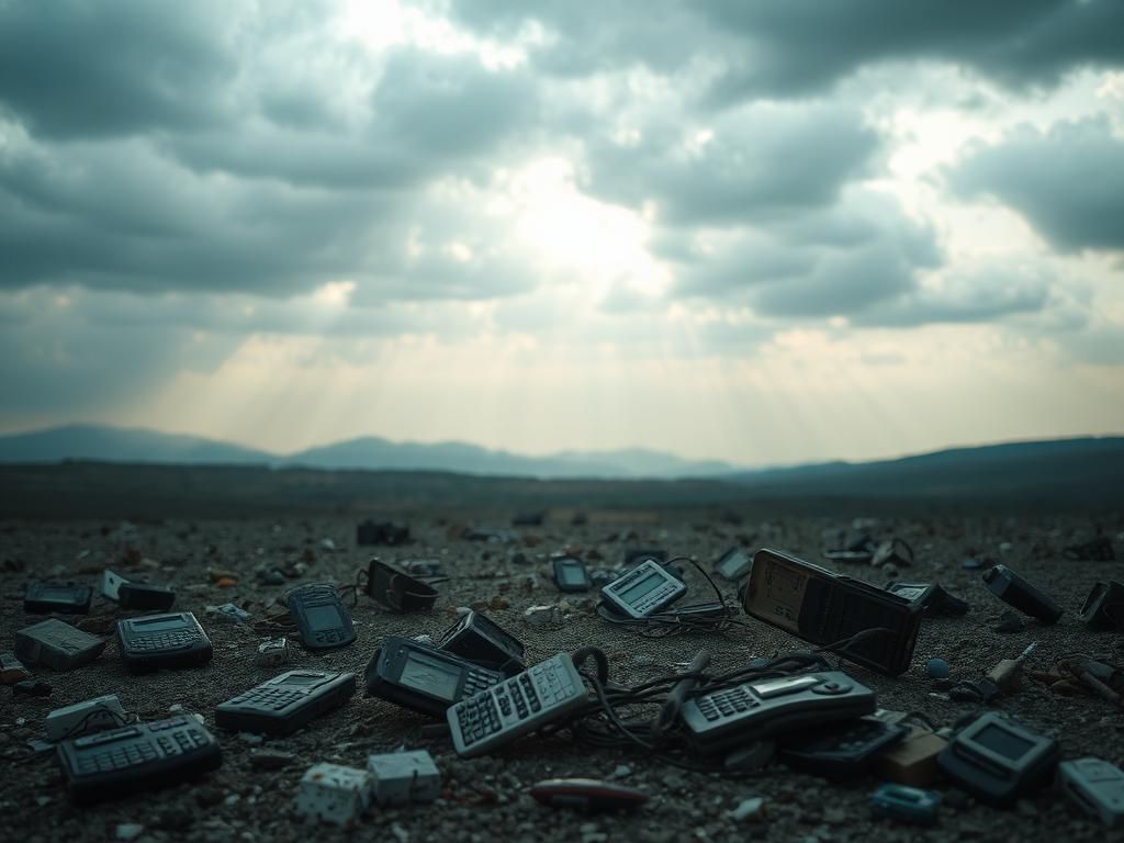Flick International A desolate landscape in Lebanon showing remnants of shattered pagers and twisted metal