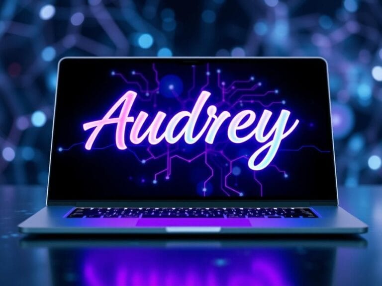 Flick International close-up of a laptop screen displaying the name 'Audrey' written with neural control