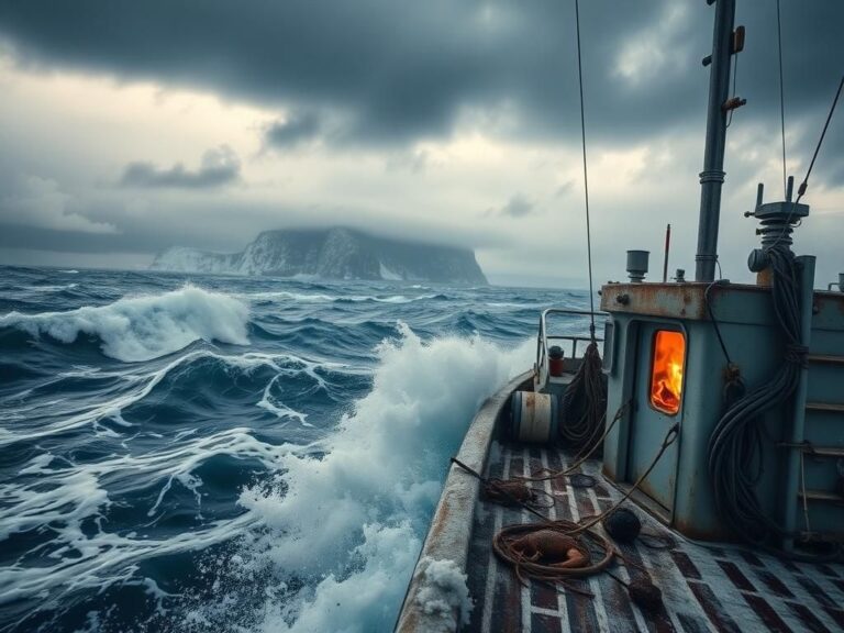 Flick International An old fishing boat struggles against massive waves in the Bering Sea during a storm.