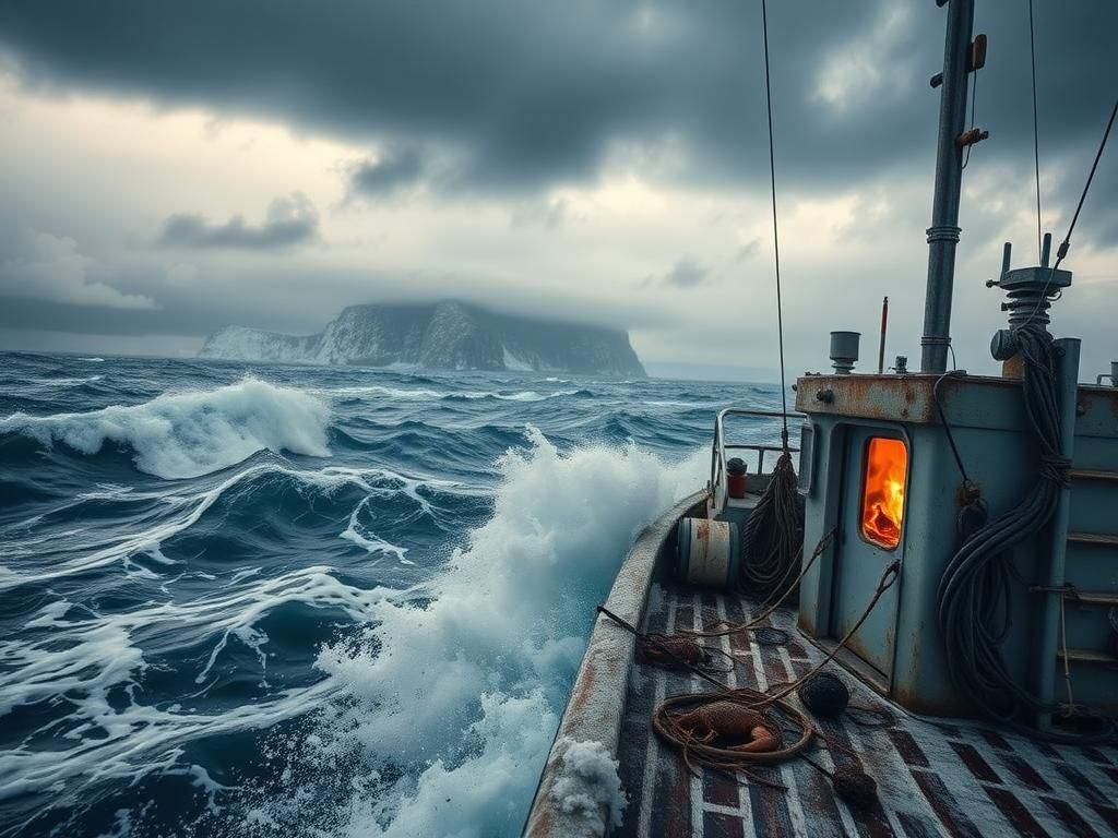 Flick International An old fishing boat struggles against massive waves in the Bering Sea during a storm.