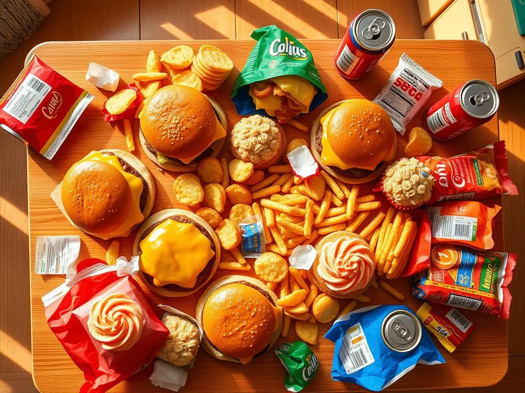 Flick International A vibrant cluttered kitchen table filled with a variety of ultra-processed foods including burgers, sugary cupcakes, bagged chips, and soda.