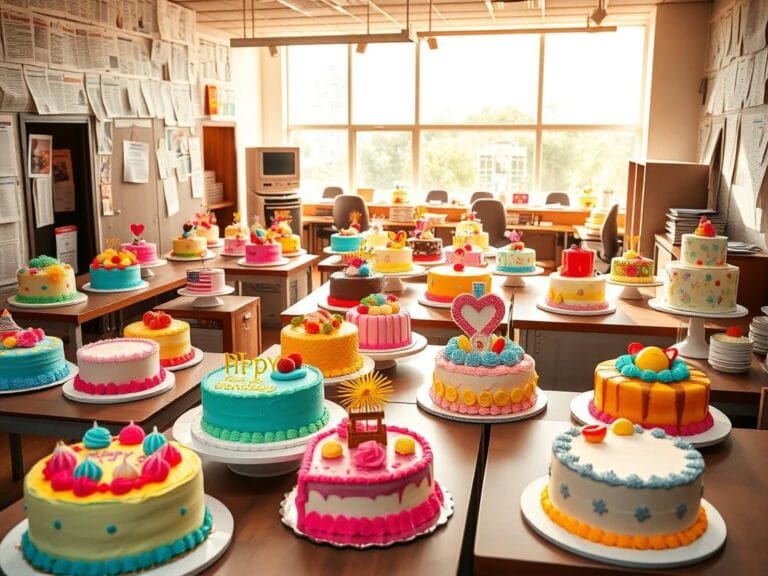 Flick International A vibrant newsroom scene filled with colorful farewell cakes