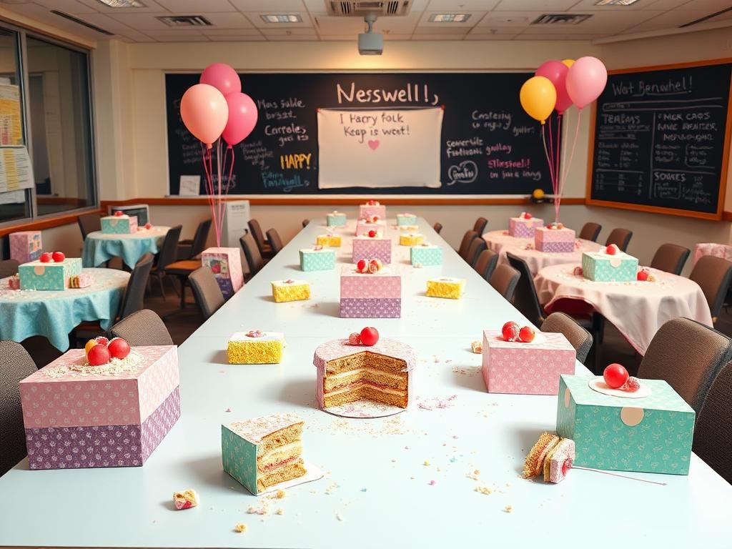 Flick International Colorful cake boxes and celebration decor in a newsroom setting