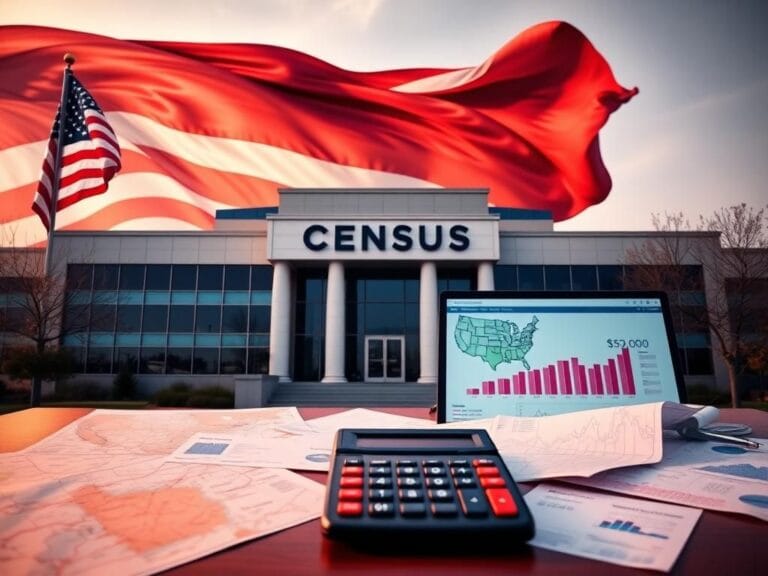 Flick International Modern census office building with 'CENSUS' sign and American flag