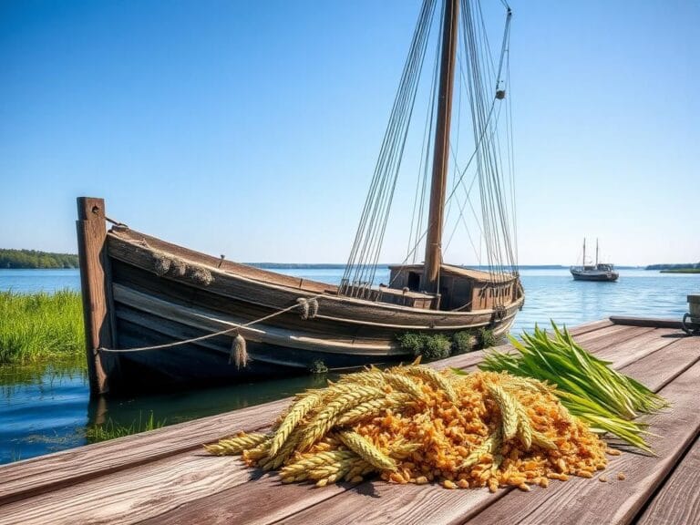 Flick International Rustic wooden sailing ship named James R. Bentley partially submerged in Lake Huron with rye grains on a wooden deck