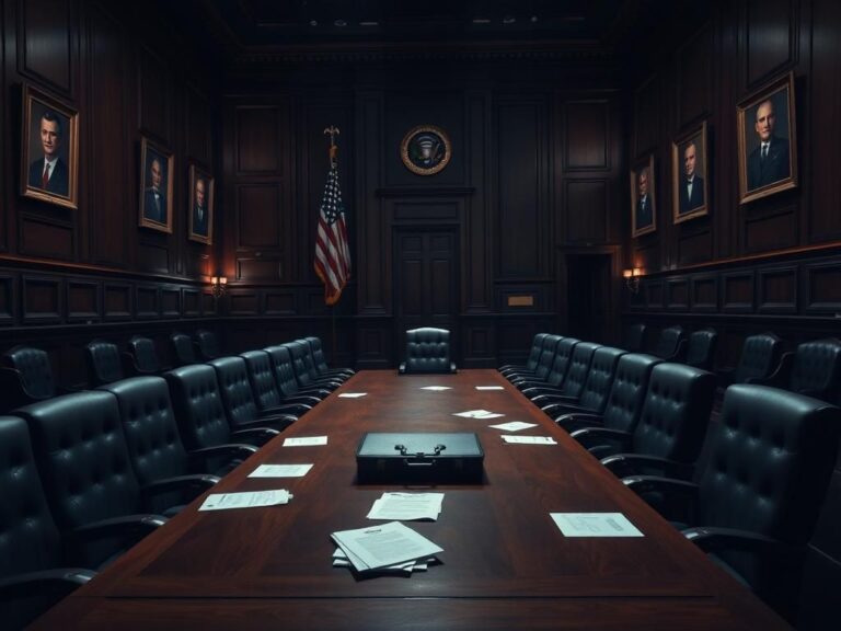 Flick International A dark, empty conference room with a long wooden table and leather chairs, reflecting the seriousness of a government investigation.