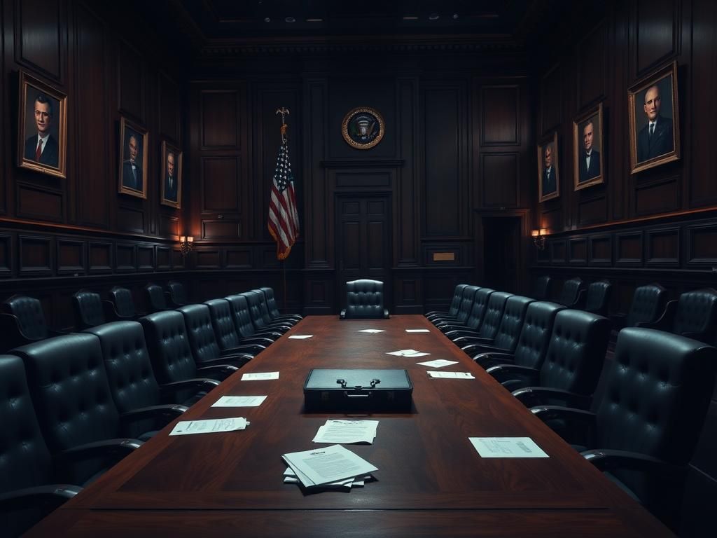 Flick International A dark, empty conference room with a long wooden table and leather chairs, reflecting the seriousness of a government investigation.