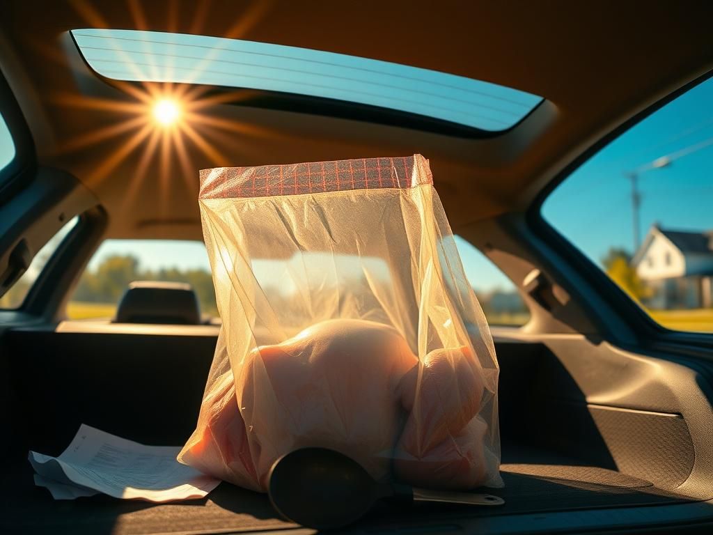 Flick International A sealed bag containing a whole raw chicken left in a sunlit car interior.