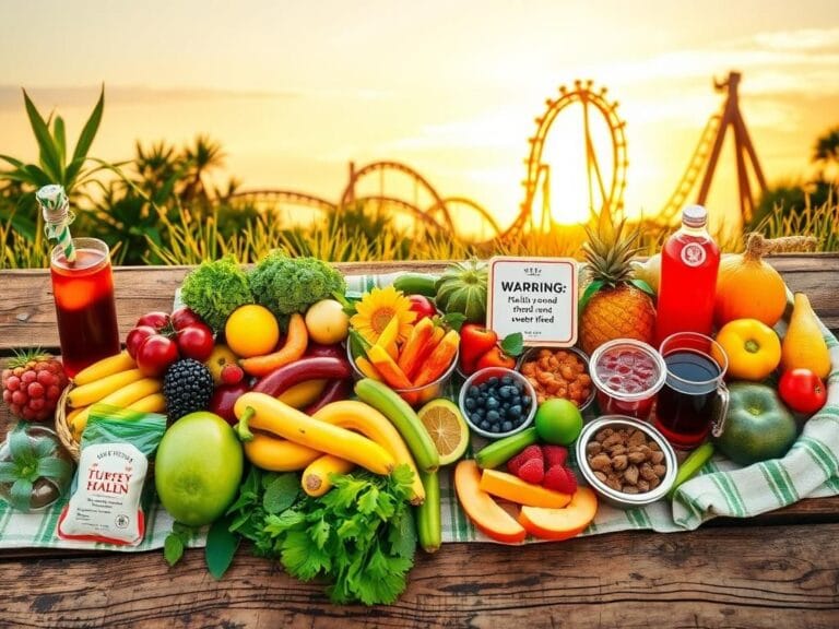 Flick International Overhead view of a vibrant picnic scene with fresh fruits and sugary beverages contrasting health choices
