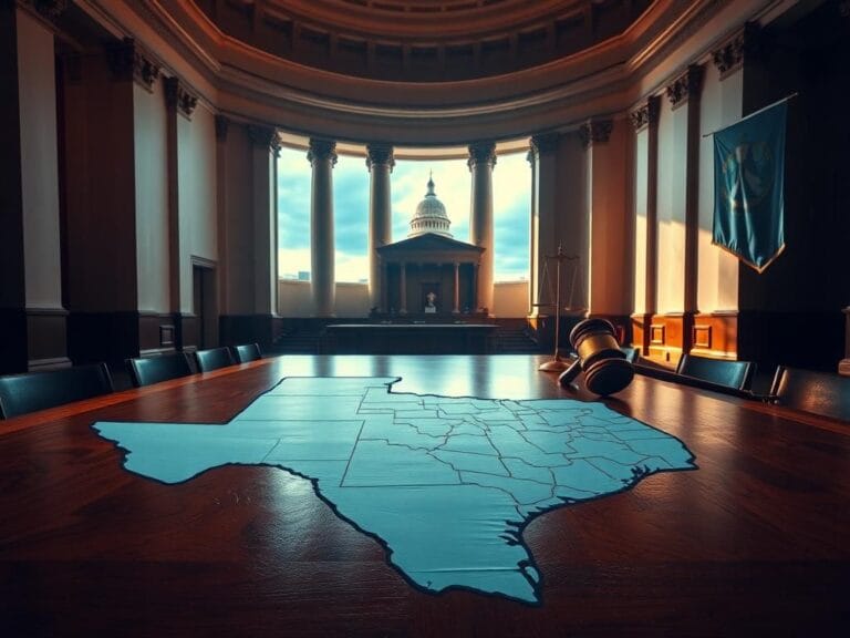 Flick International A detailed map of Texas and Illinois on a wooden table in the Illinois state capitol, symbolizing political tension during a redistricting battle.